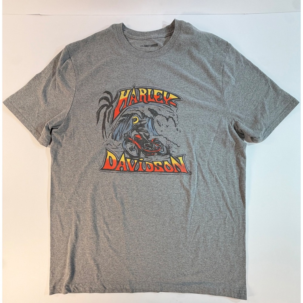 Harley Davidson Mens XL Gray Graphic T-Shirt Motorcycle Surfing Wave Palm Tree